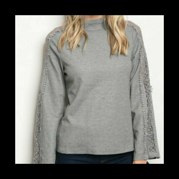 Tops - Gray Long Sleeve - Crocheted Sleeve